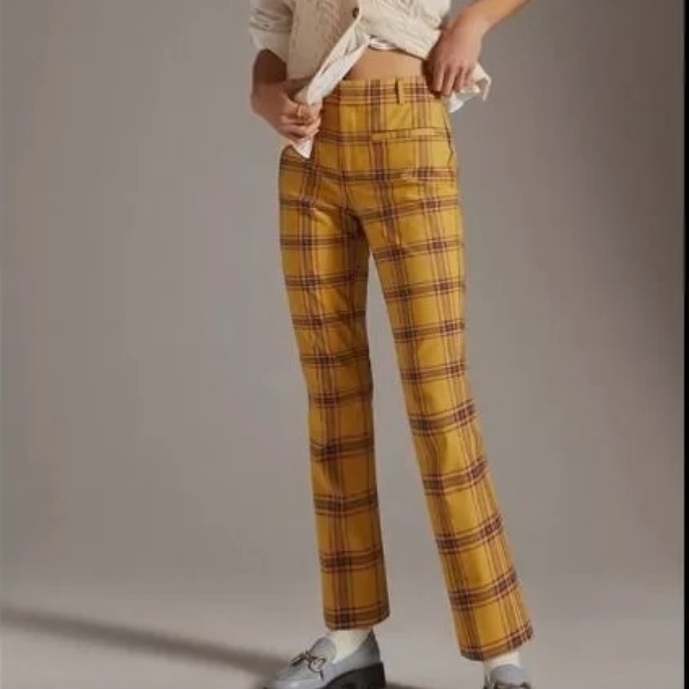 Anthropologie Essential Collection Crop Kick Flare Gold Plaid Pant Size 0 NWOT